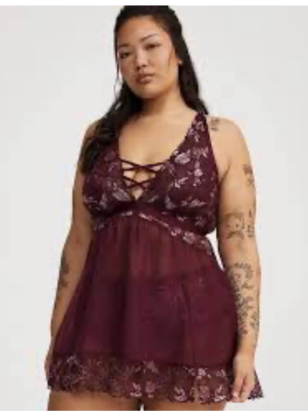torrid NWOT Burgundy Lace Babydoll w/Crisscross Neckline AND Matching panty